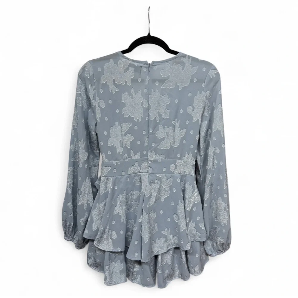 Blue Rain Floral Jacquard Long Sleeve Romper - Dusty Blue - Size Medium - Picture 9 of 10